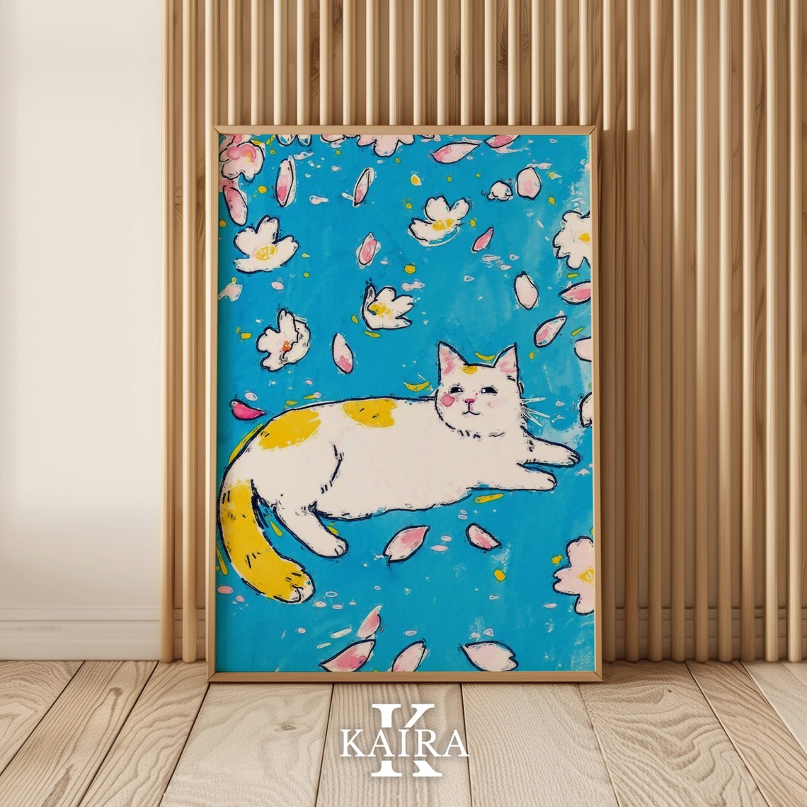 Happy Spotted White Cat Lounging Among Falling Blossom Petals Poster - Image 2