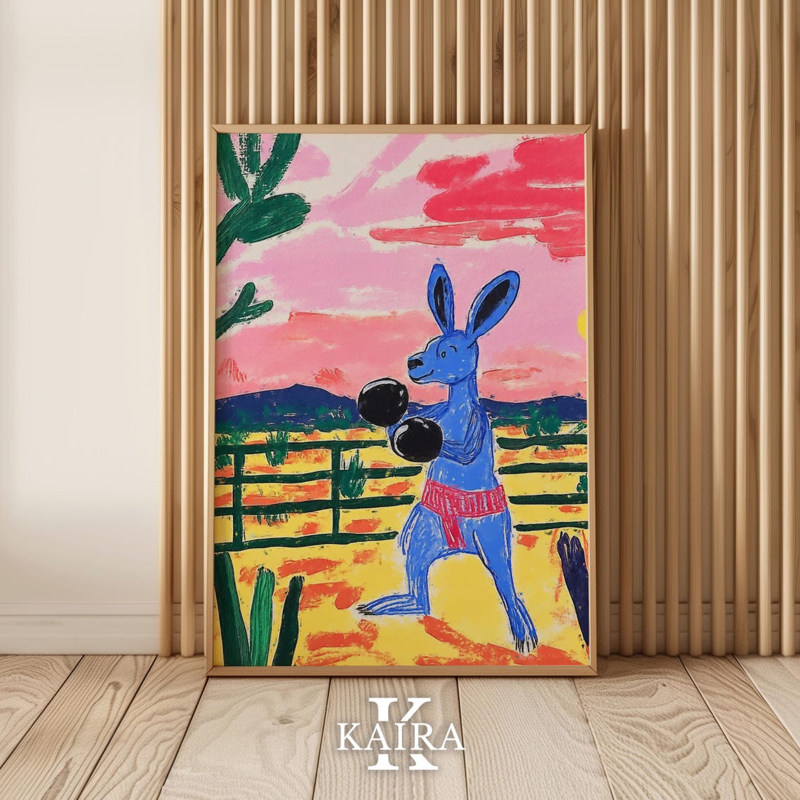 Blue Boxing Kangaroo in Red Shorts at an Outback Sunset Poster - Image 4