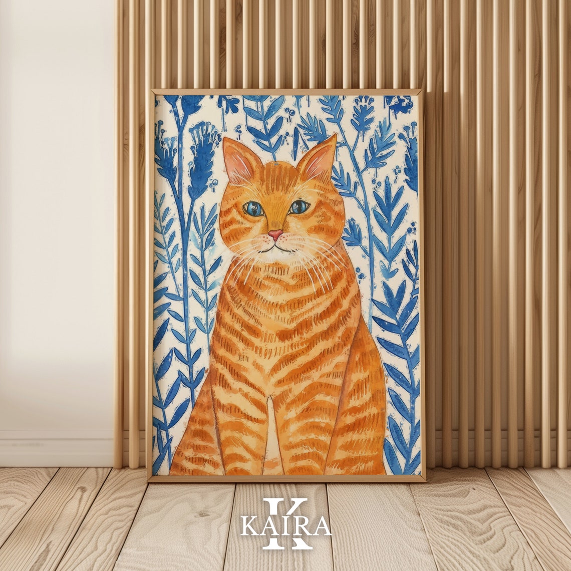 Ginger Tabby Cat Portrait With Blue Leaves Botanical Cat Poster - Image 4