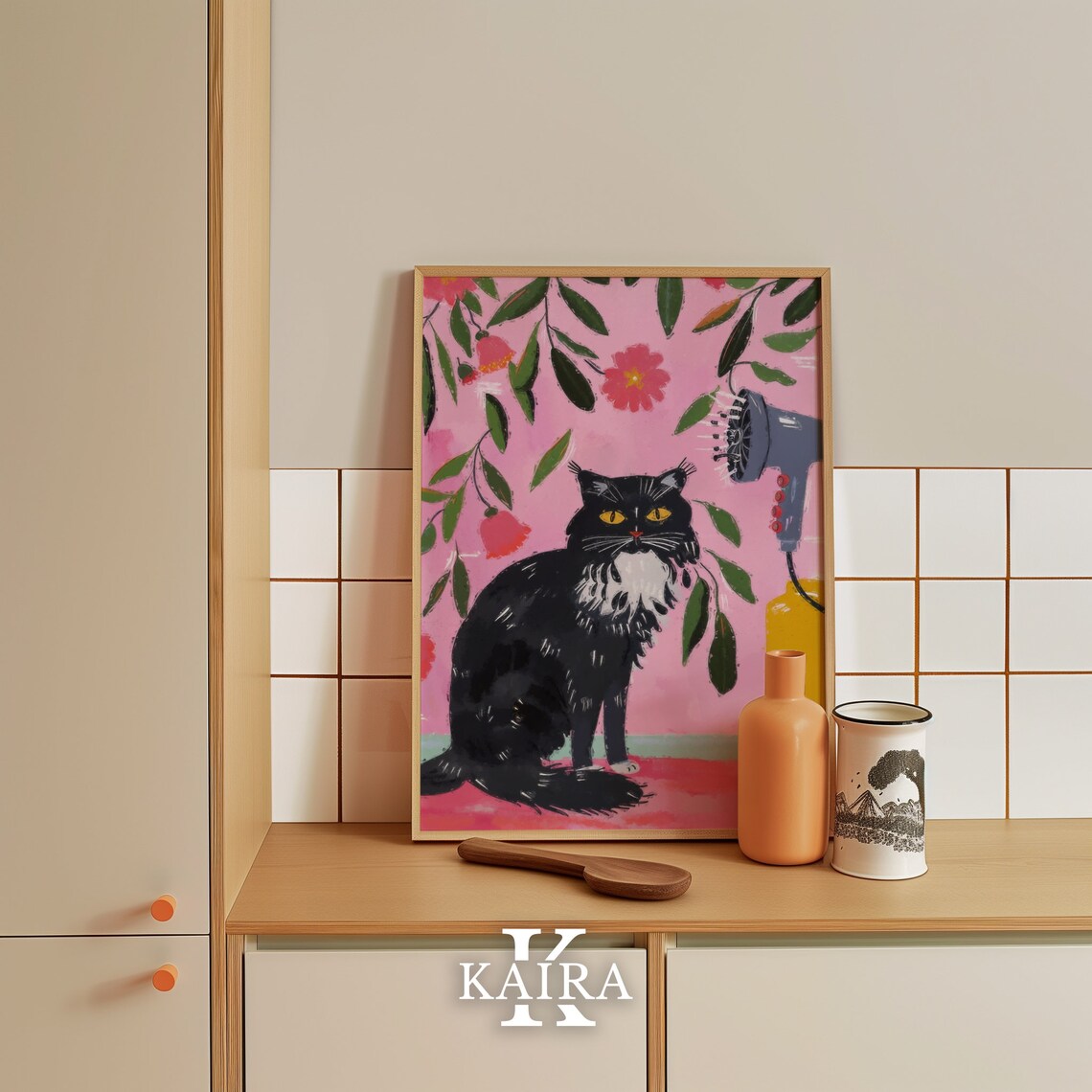 Wet Black Cat Eyeing A Blow Dryer Quirky Bath Time Humor Art Poster - Image 5
