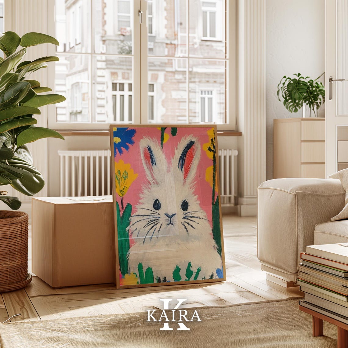 Fluffy White Bunny Rabbit Portrait Among Spring Flowers Poster - Image 3
