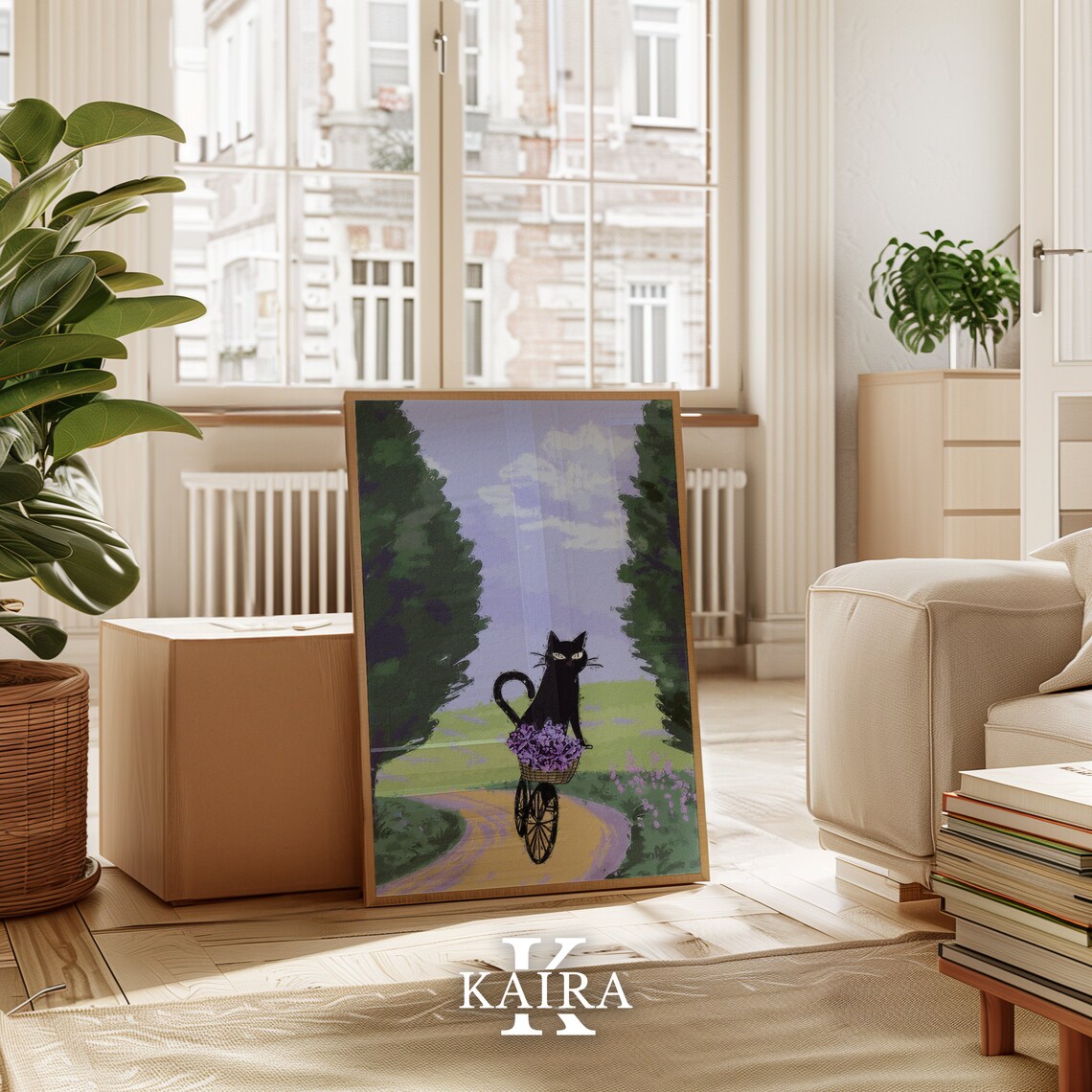 Black Cat Riding Bicycle With Lavender Basket On Country Path Art Poster - Image 4