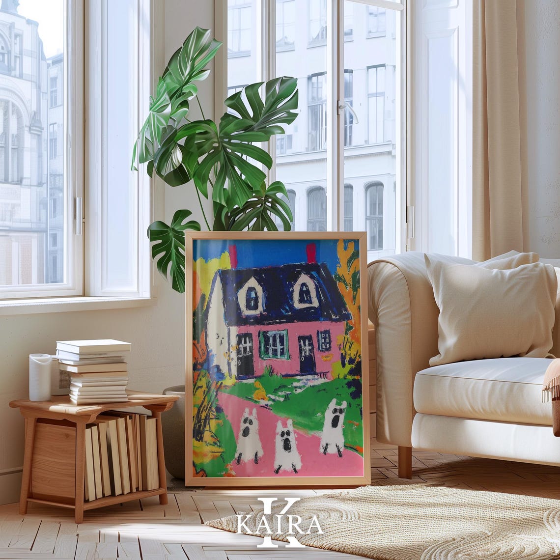 Spooky Pink Haunted House With Three Friendly White Ghosts Poster - Image 5