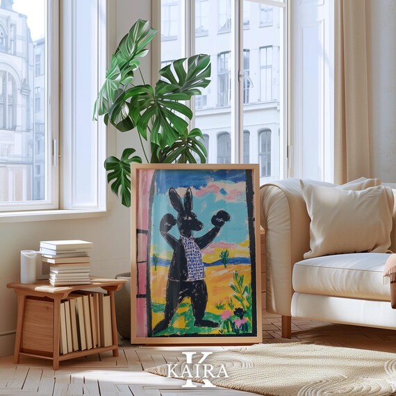 Black Rabbit Boxer Raising His Gloves in the Golden Desert Poster