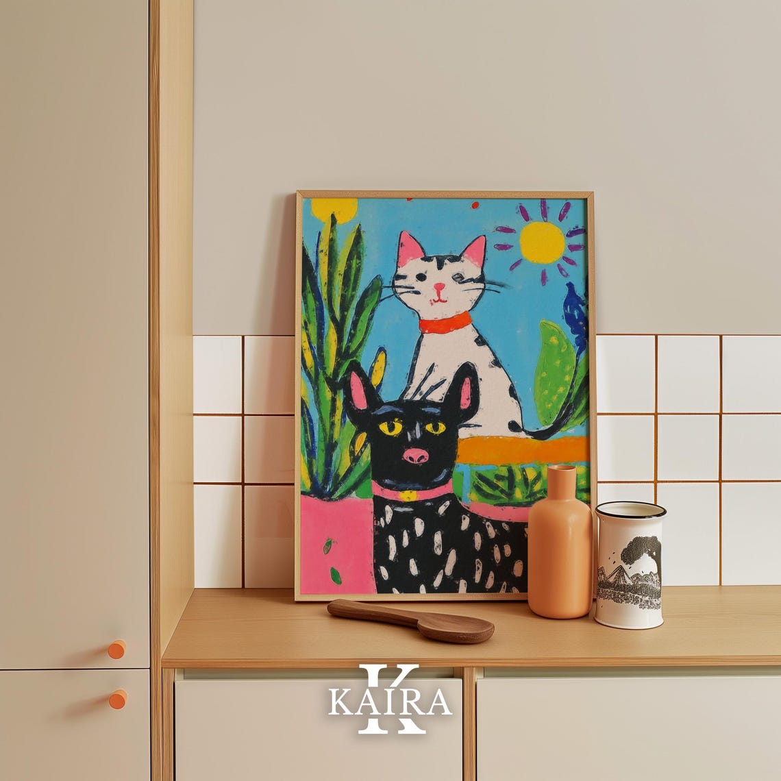 Spotted Black Dog and White Cat Under the Sun in a Garden Poster - Image 5