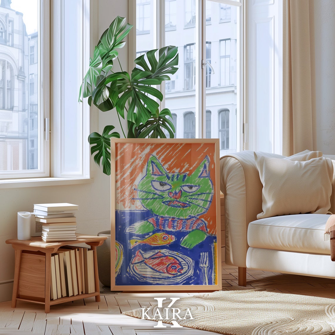 Grumpy Green Cat With Fish Dinner Funny Whimsical Cat Poster - Image 4
