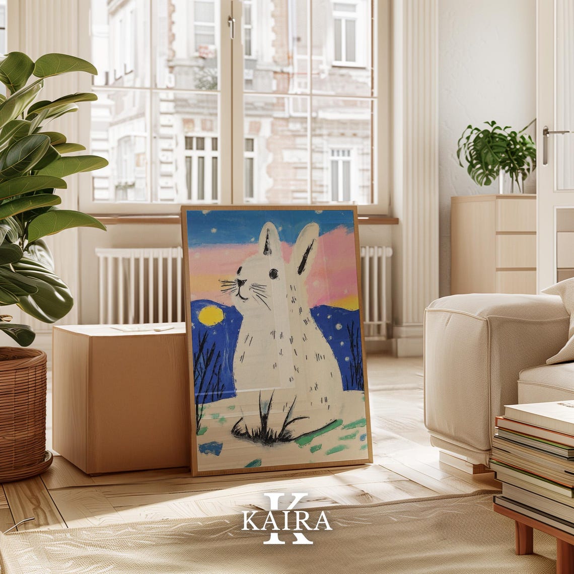 White Snow Rabbit Gazing Up At The Moon In A Winter Night Sky Poster - Image 3