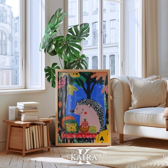 Smiling Pink Hedgehog Autumn Feast With Pumpkins and Treats Poster