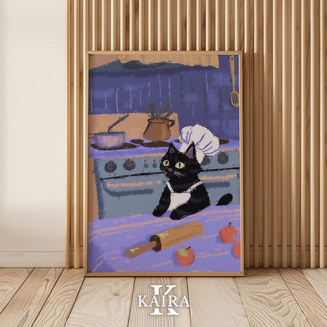 Playful Black Chef Cat Baking in a Rustic Purple Kitchen Poster - Image 2