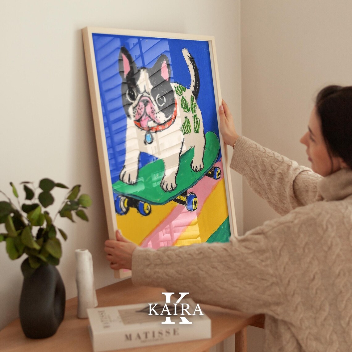 Happy French Bulldog Puppy Riding a Big Green Skateboard Poster - Image 2
