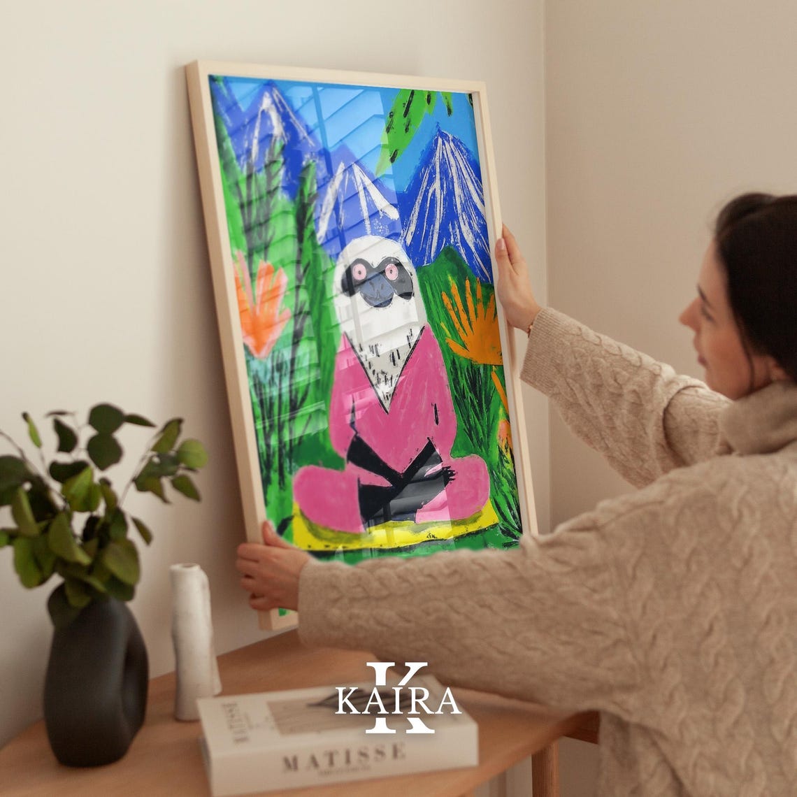Dreamy Sloth in a Pink Robe Sitting in a Mountain Garden Poster