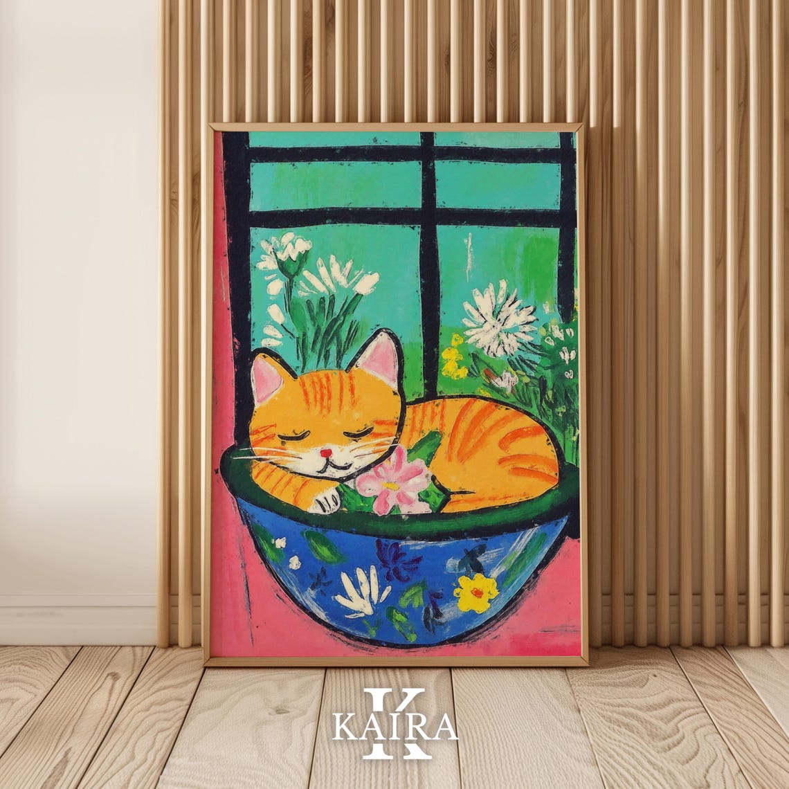 Sleepy Ginger Cat Curled Up in a Decorated Blue Floral Bowl Poster - Image 5