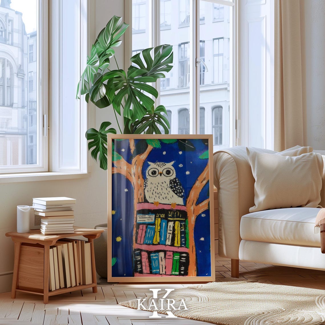 Wide-Eyed White Owl Perched on a Colorful Bookshelf at Night Poster - Image 4