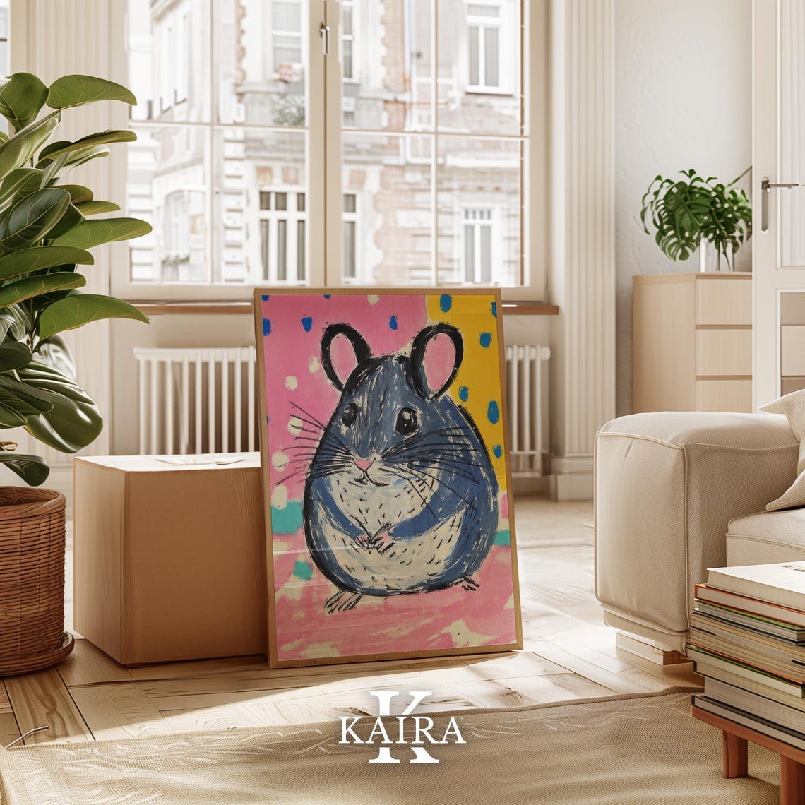 Chubby Blue Grey Mouse Portrait on a Colorful Polka Dot Poster - Image 3