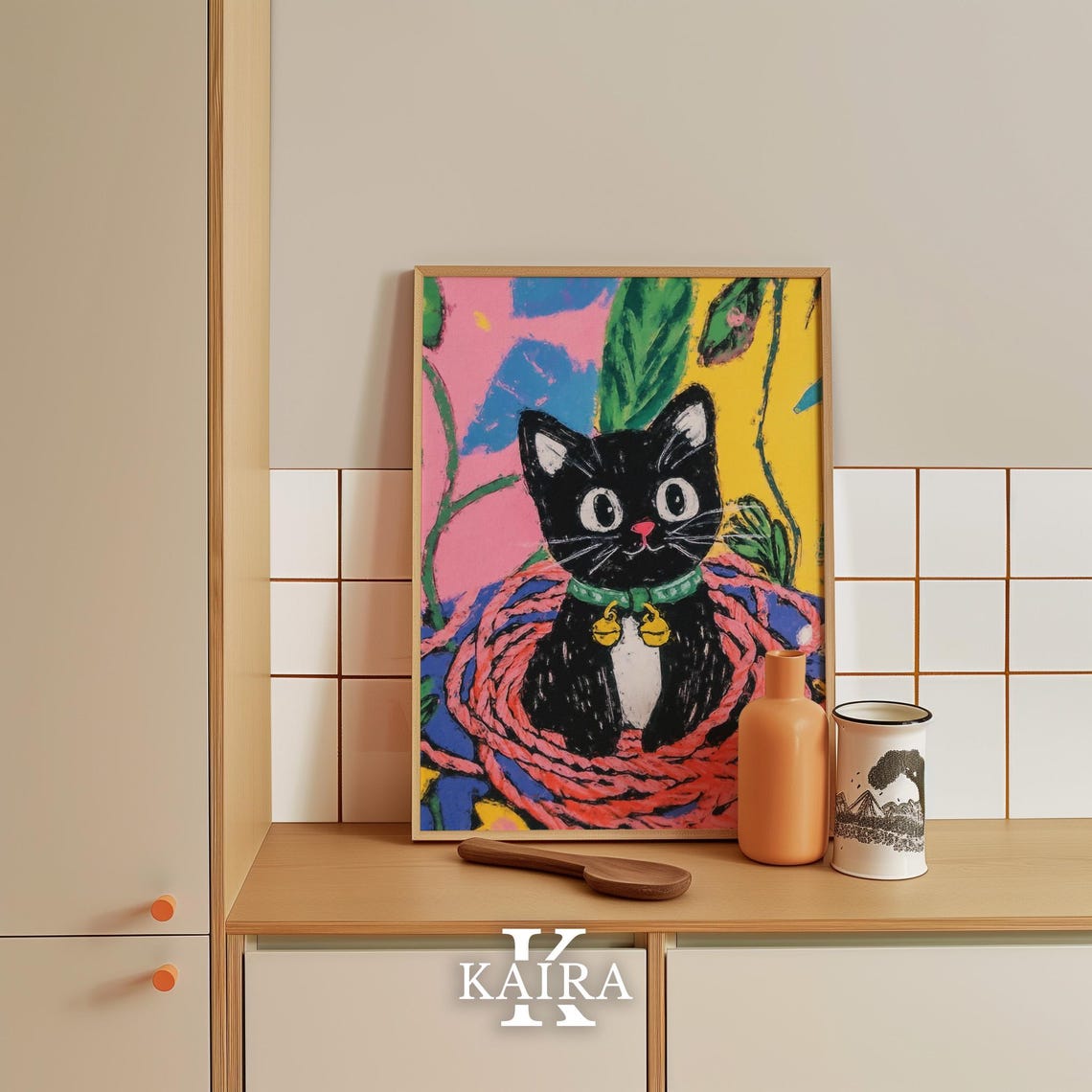 Black Kitten with a Golden Bell Collar Resting in Red Yarn Poster - Image 5