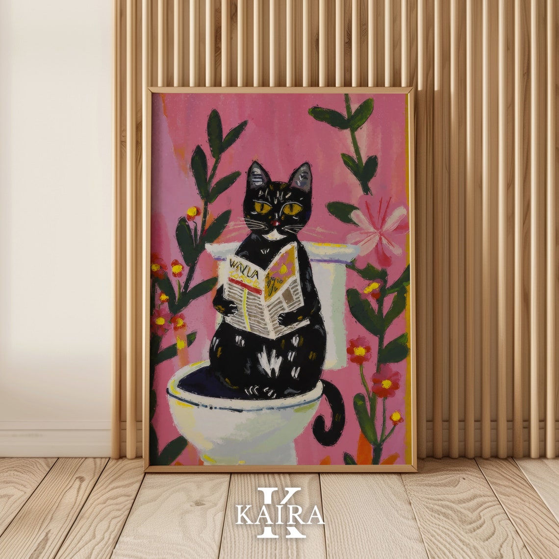 Black Cat Reading Newspaper On The Toilet Funny Bathroom Art Poster - Image 2