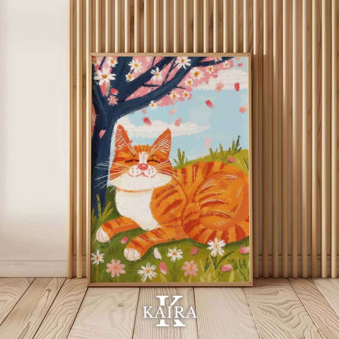 Content Ginger Cat Napping Under Falling Cherry Blossom Petals Poster - Image 2
