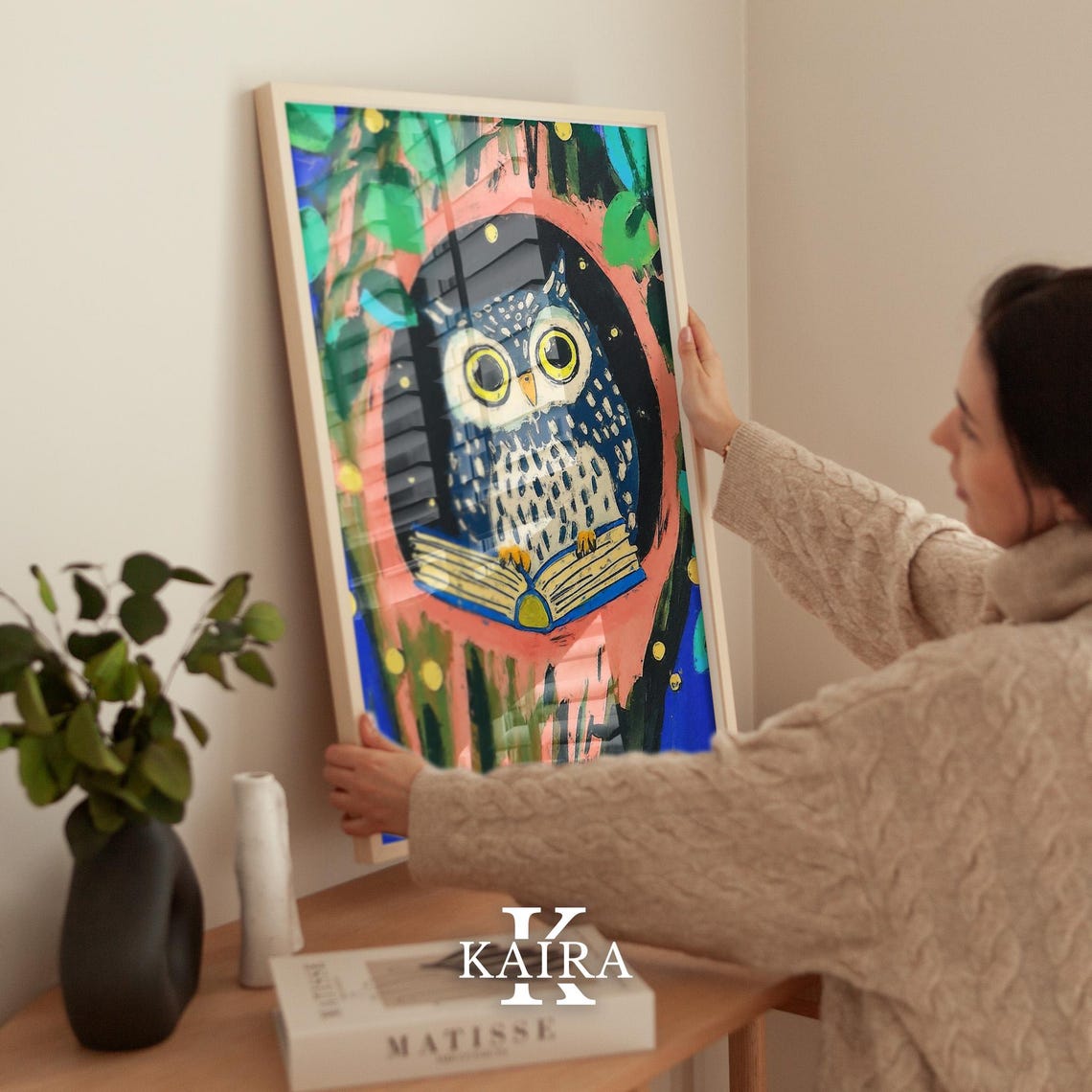 Wise Speckled Owl Reading A Book In A Tree Hollow At Night Poster - Image 2