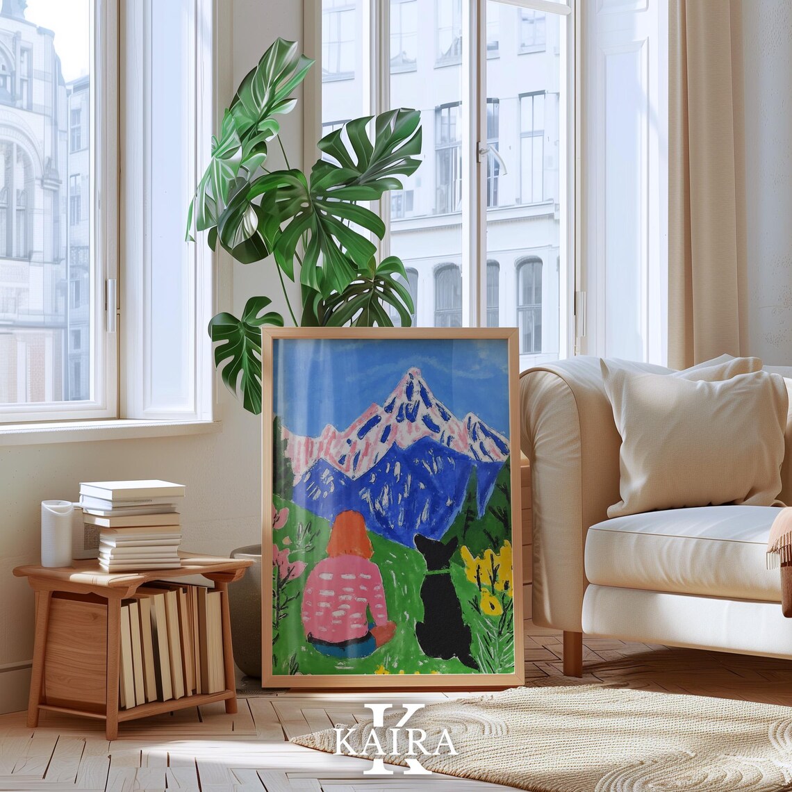 Woman and Dog Watching Snowy Mountains From a Flower Meadow Poster - Image 4