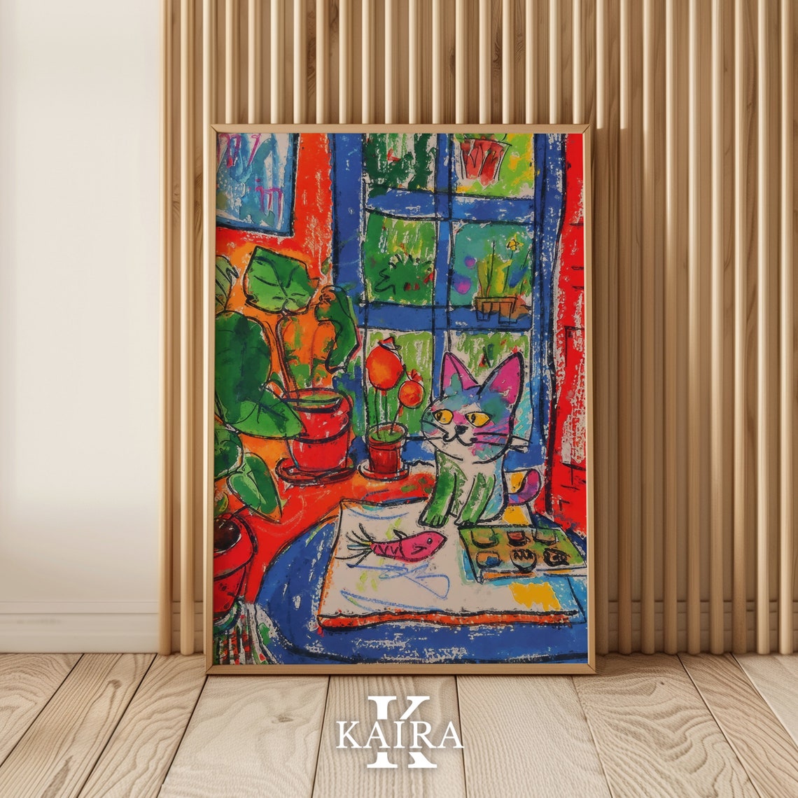 Cat In Window With Flowers Colorful Whimsical Kitchen Cat Poster - Image 2