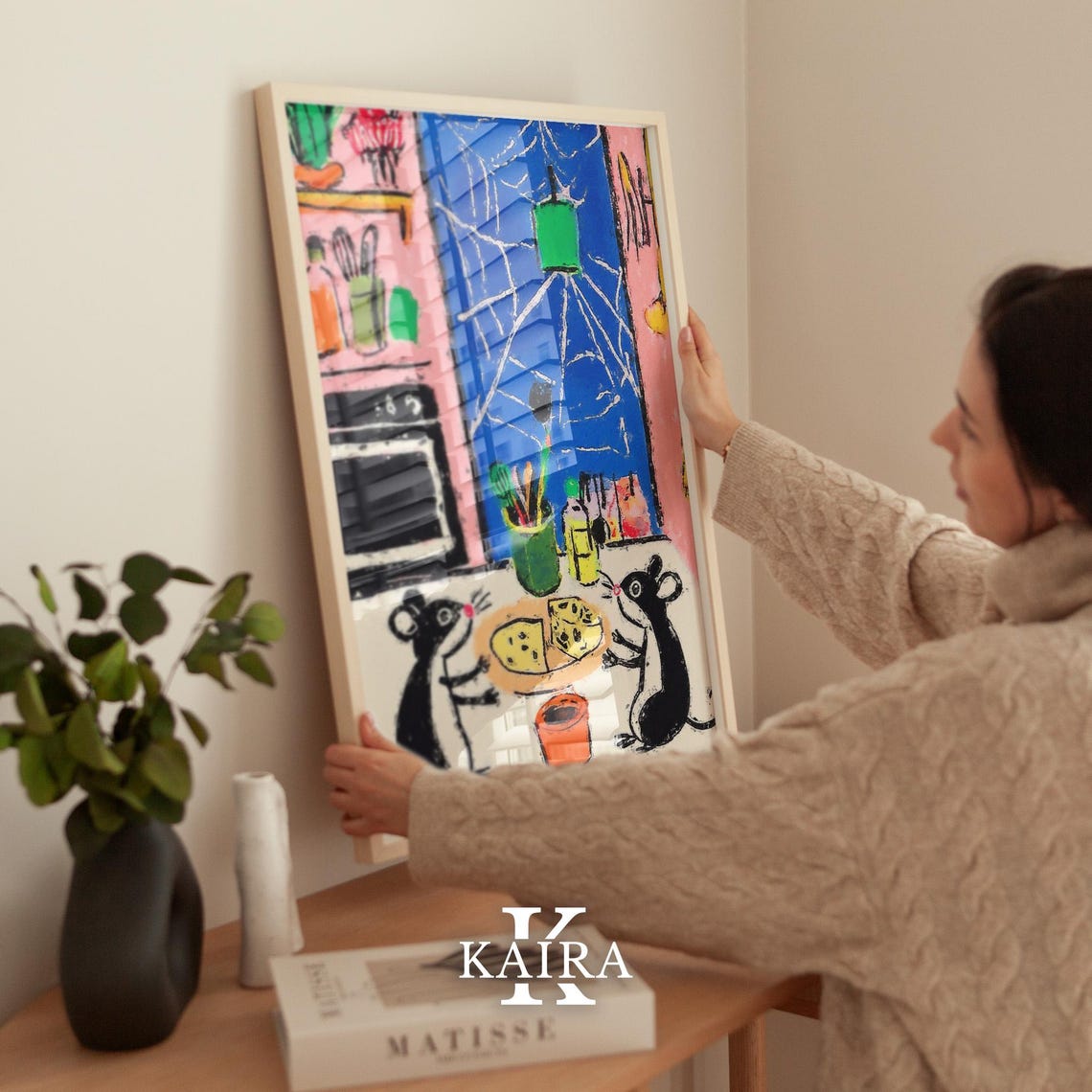 Two Little Mice Sharing Cheese In A Cozy Kitchen At Night Poster - Image 2