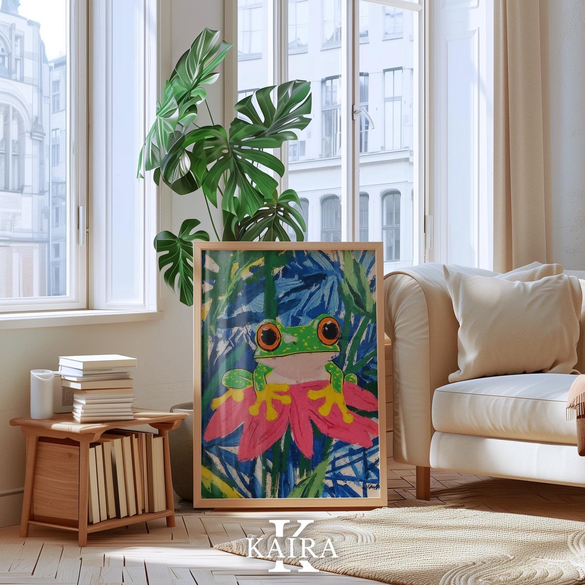 Cute Frog on Flower Poster with Colorful Tree Frog Jungle Art