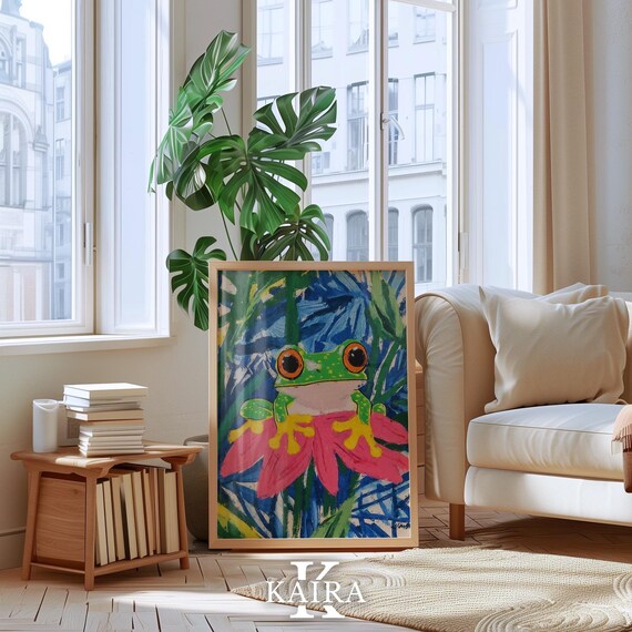 Cute Frog on Flower Poster with Colorful Tree Frog Jungle Art