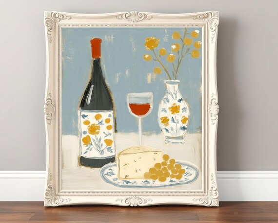Red Wine Bottle Cheese and Grapes French Still Life Kitchen Poster