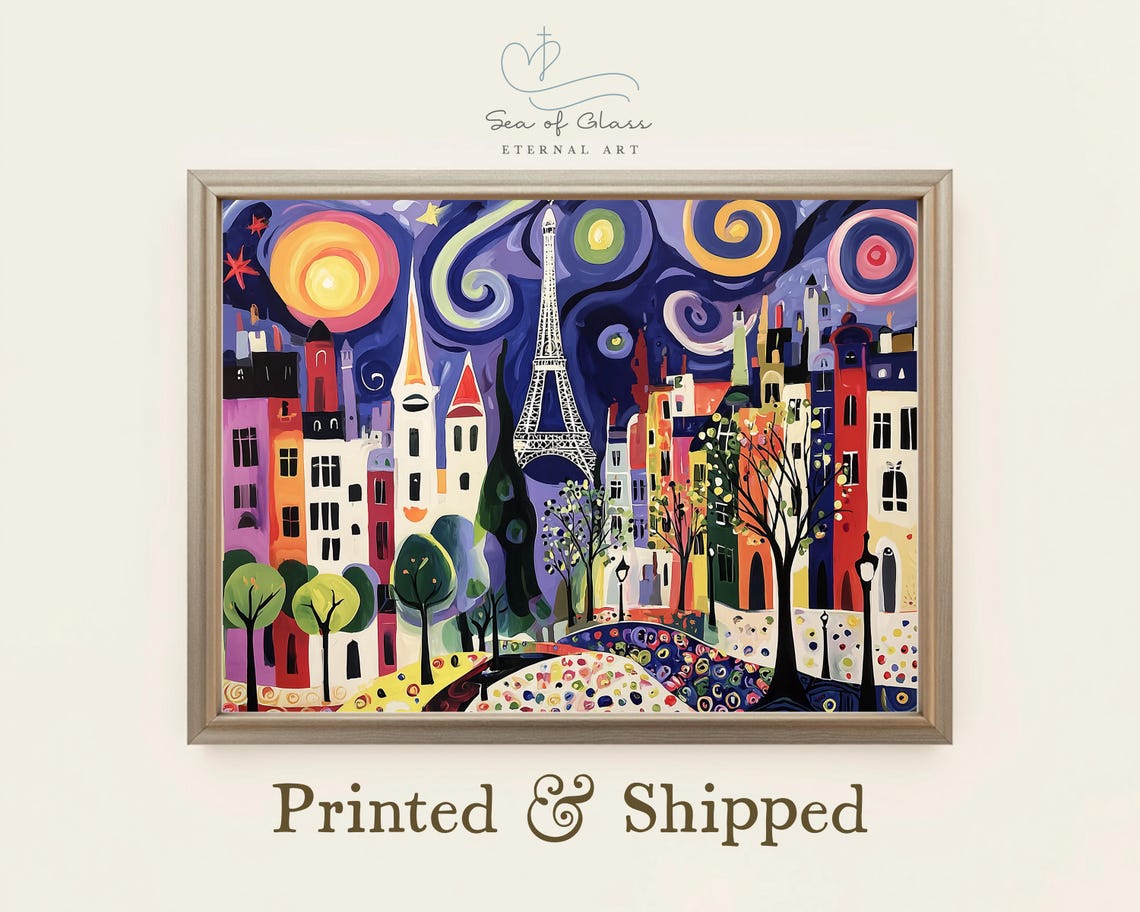 Whimsical Eiffel Tower Paris Night Folk Art Cityscape Wall Art
