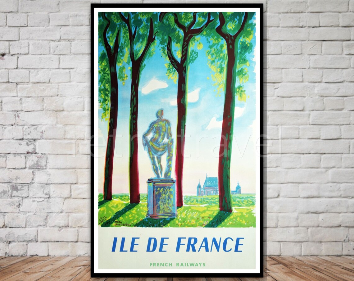 Ile de France French Railways Park Statue Retro Travel Poster