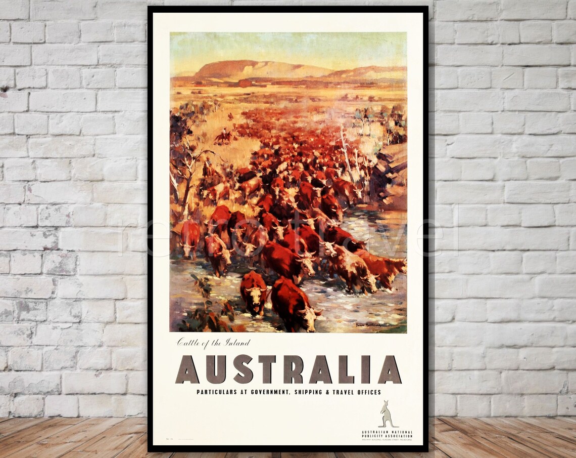 Australia Cattle Of The Inland Vintage Travel Poster Outback Herd Art