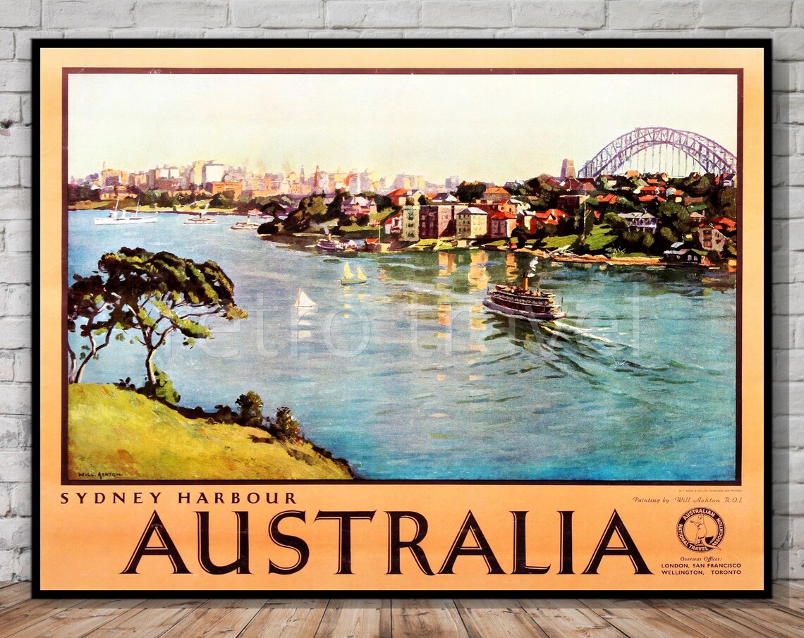 Sydney Harbour Australia Vintage Bridge Ferry Travel Poster Art