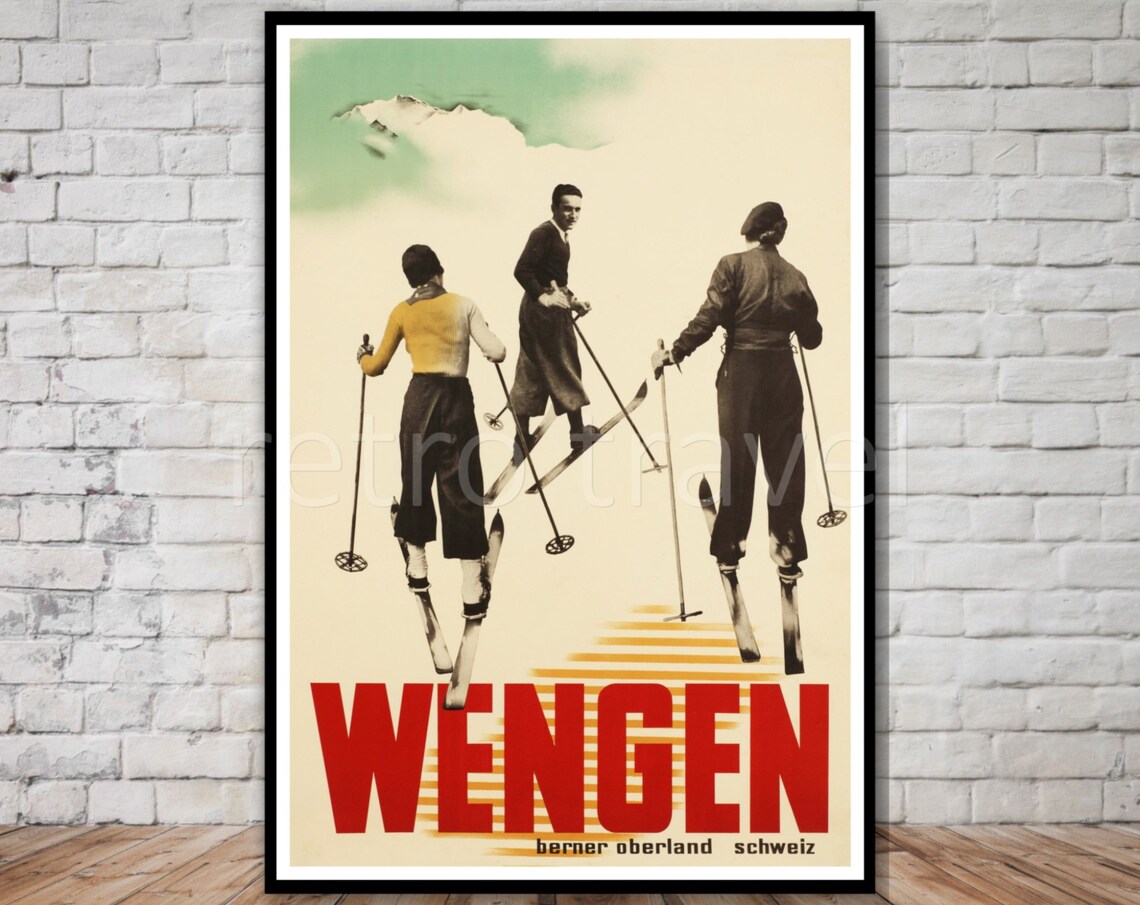 Wengen Switzerland Vintage Ski Poster Berner Oberland Retro Winter Art