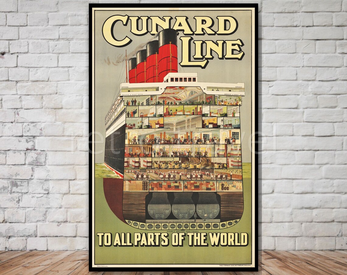 Cunard Line Retro Travel Poster, Ocean Liner Cross Section