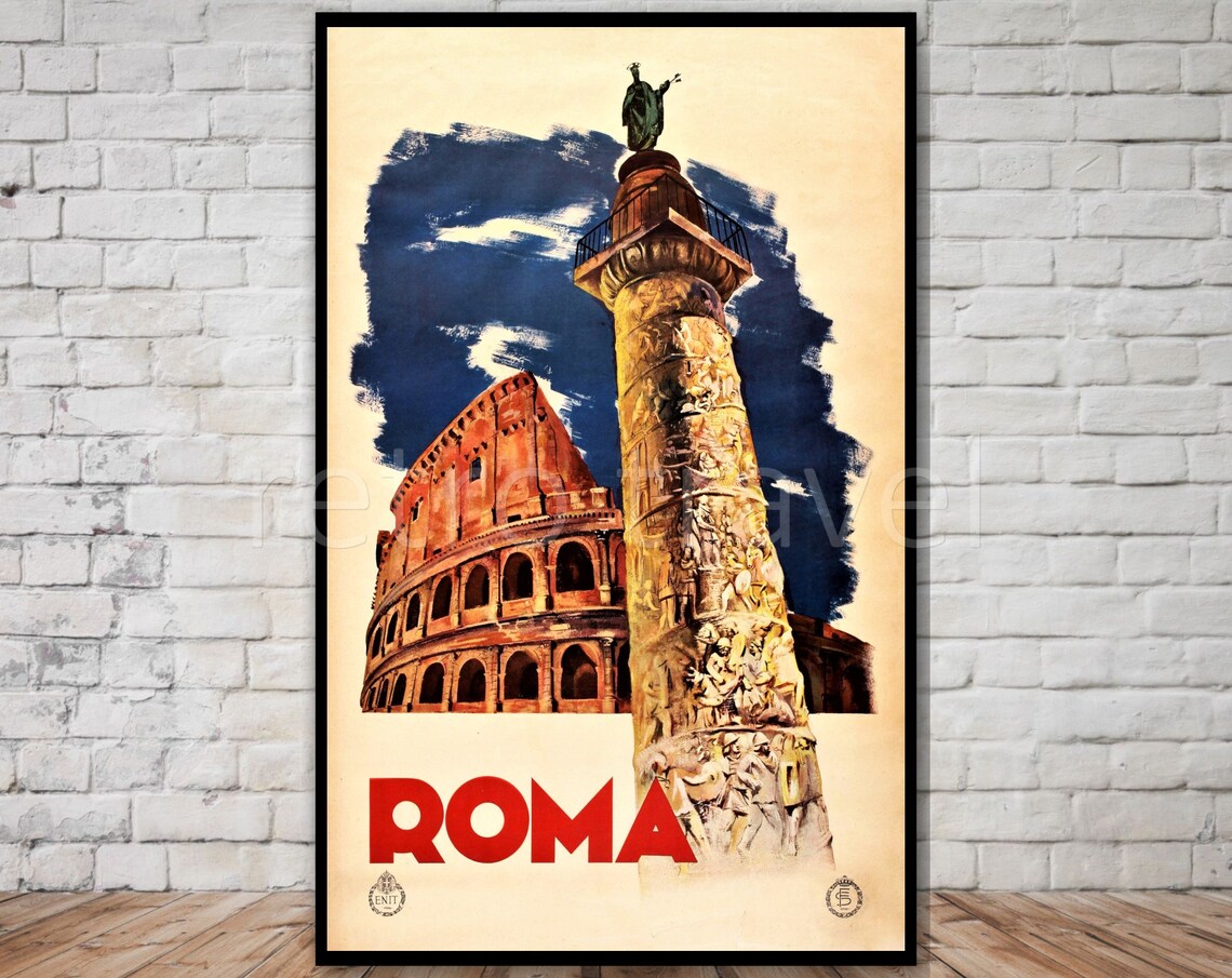 Roma Italy Vintage Travel Poster Colosseum With Carved Ancient Column