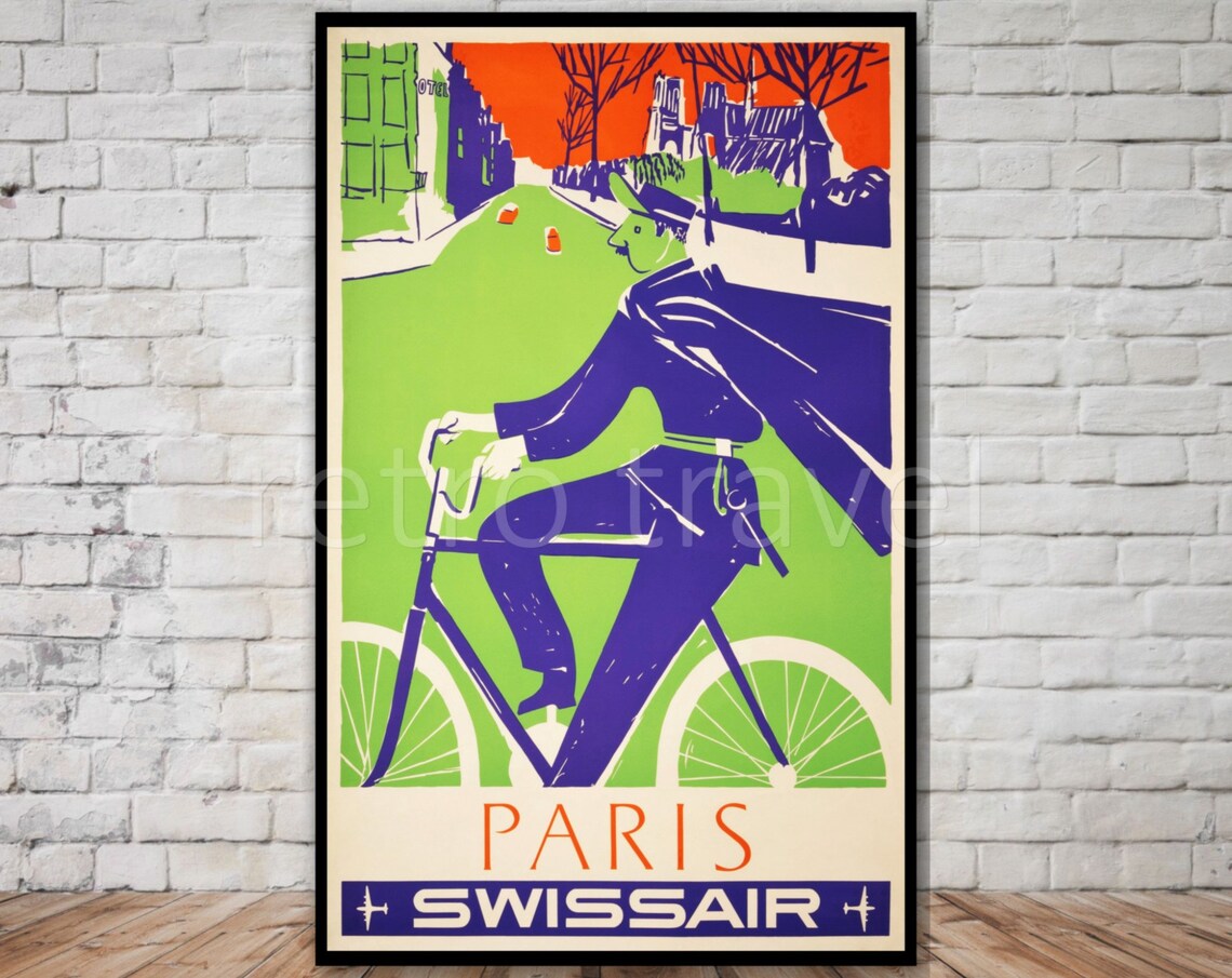 Swissair Paris Vintage Airline Poster Cyclist Bold Retro Travel Art