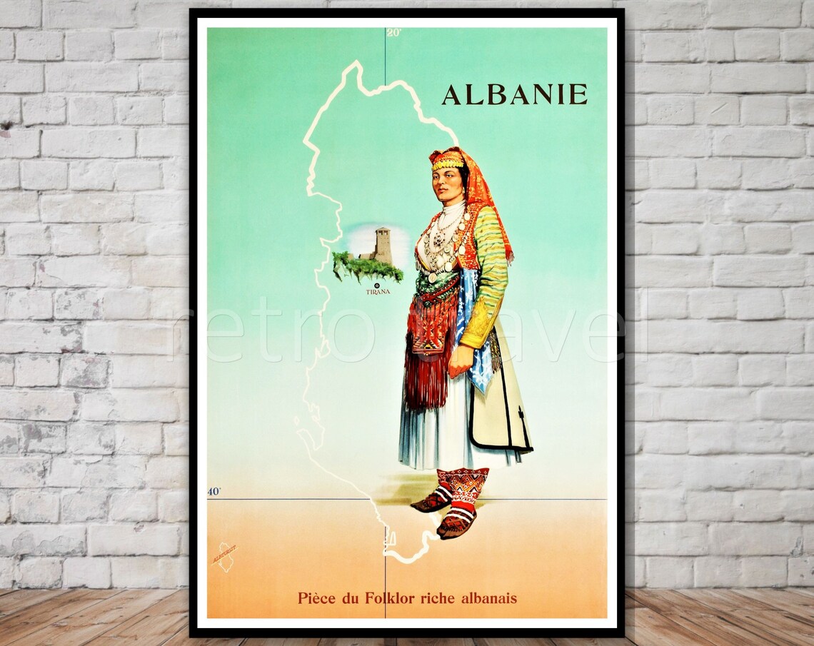 Albania Retro Travel Poster, Folk Art Print