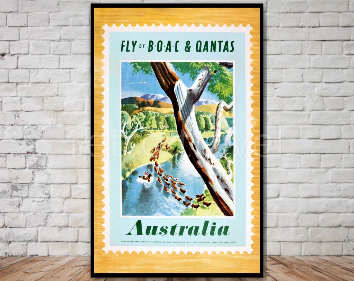 Australia Fly BOAC Qantas Vintage Stamp Cattle Crossing Poster