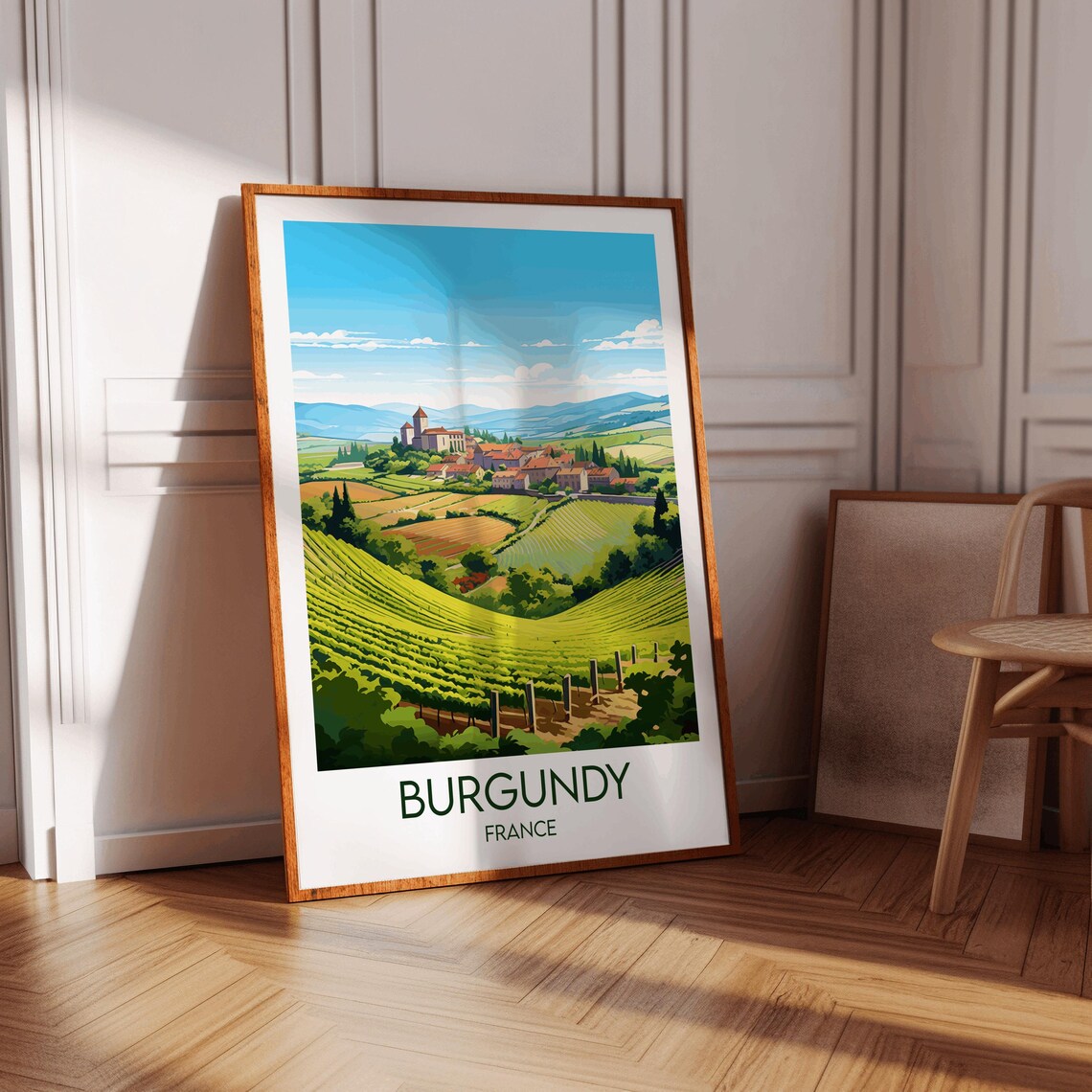 Burgundy France Sunlit Village Hillside Vineyards Travel Poster - Image 3