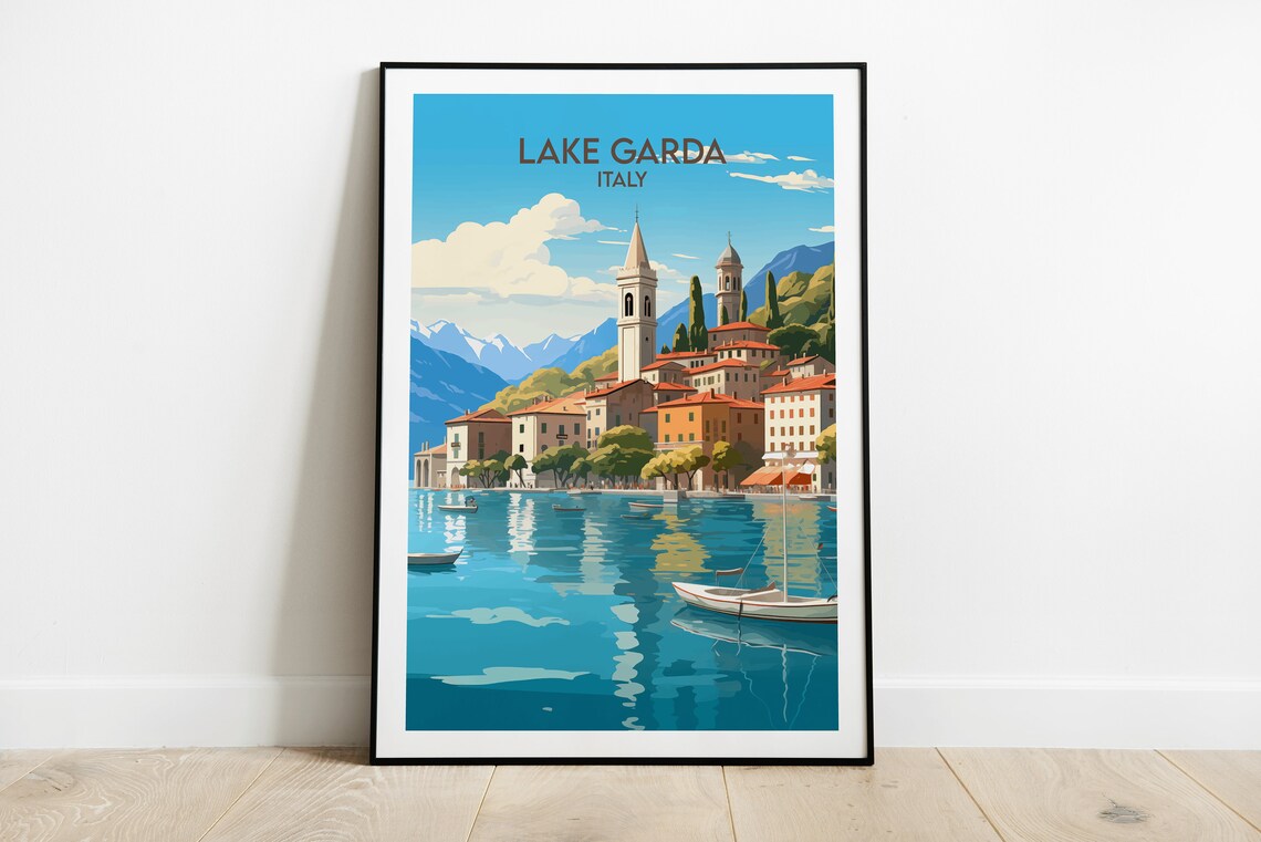 Lake Garda Italy Lakeside Village Boats Vintage Travel Poster