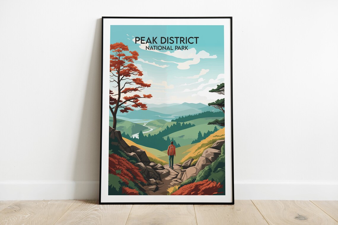 Peak District National Park Illustrated Vintage Travel Hiking Poster
