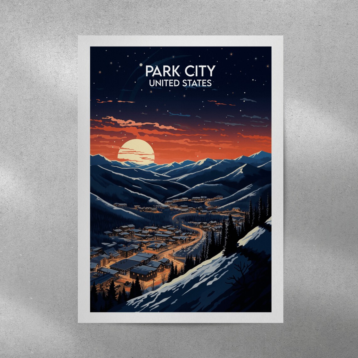 Park City Utah Snowy Mountain Town At Dusk Stars Travel Poster - Image 2