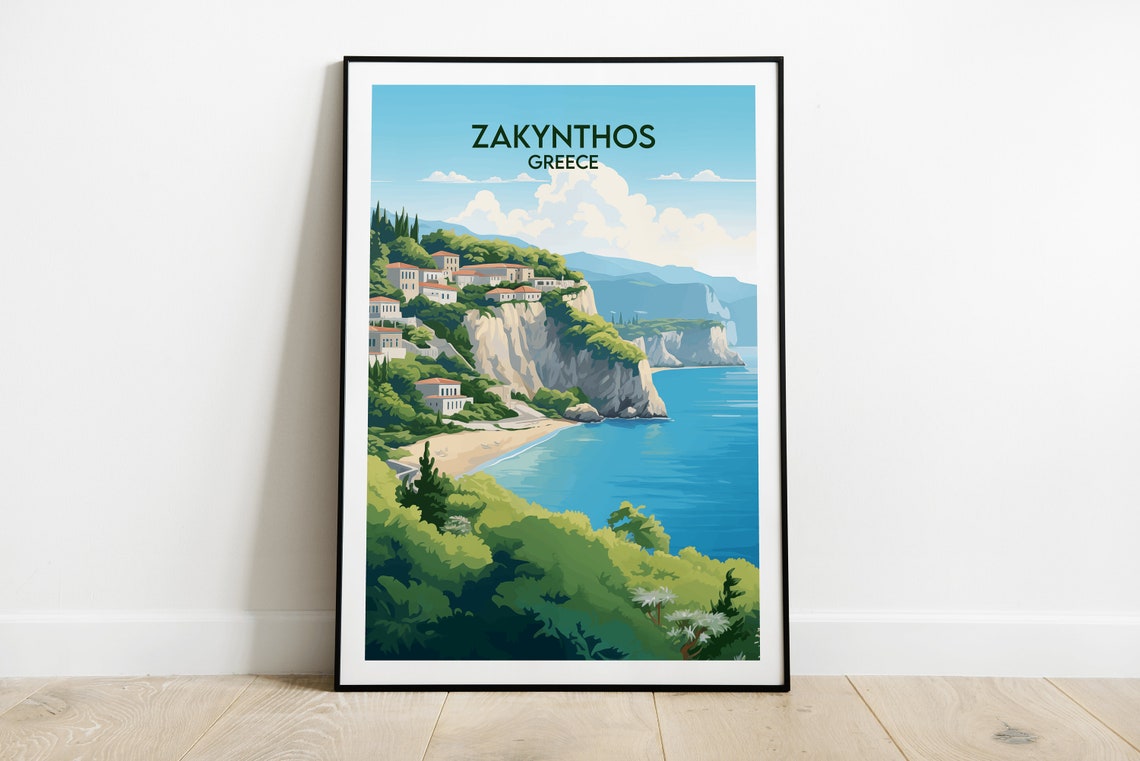 Zakynthos Greece Cliffs Sea View Hillside Village Travel Poster