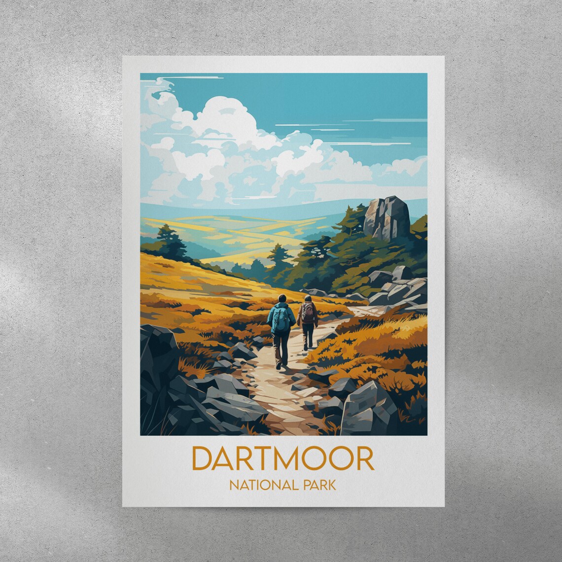 Dartmoor National Park England Hikers Golden Moorland Travel Poster - Image 3