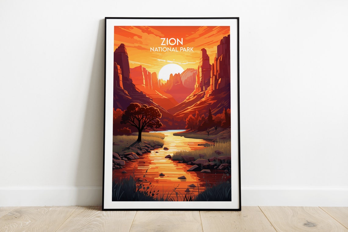 Zion National Park Sunset Canyon River Vintage Travel Art Poster