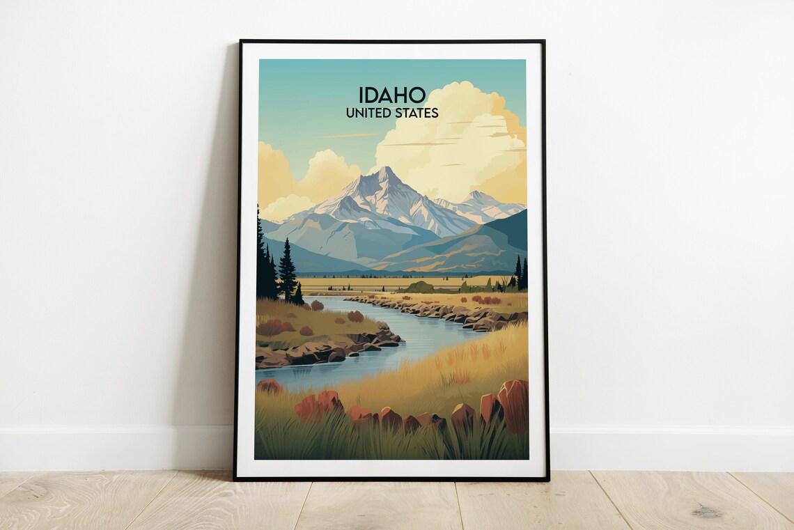 Idaho Mountain River Golden Meadow Vintage American Travel Poster
