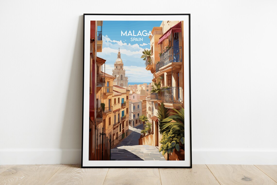 Malaga Spain Old Town Cathedral Street Vintage Travel Poster