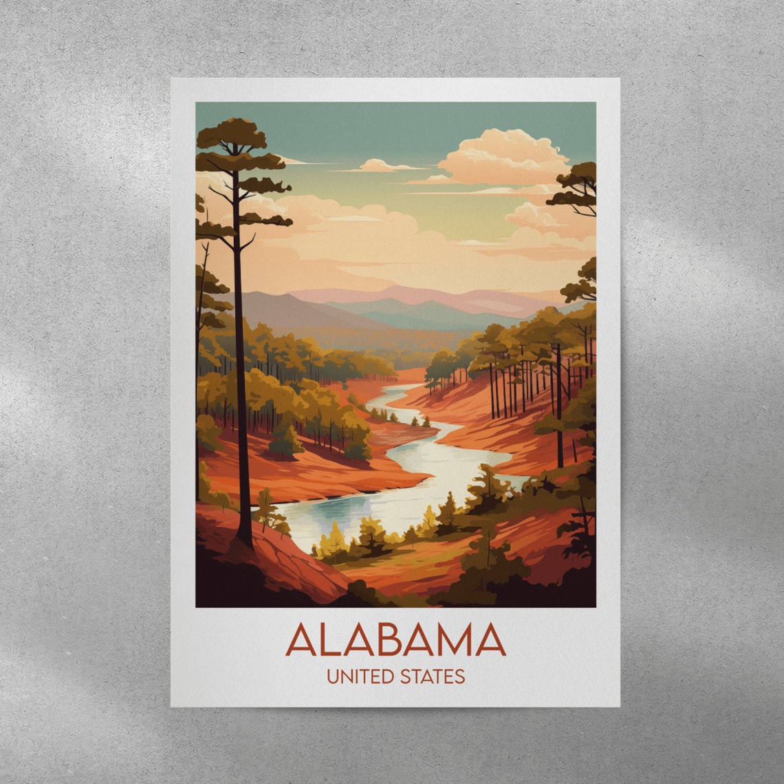 Alabama United States Pine Forest River Hills Scene Travel Poster - Image 3