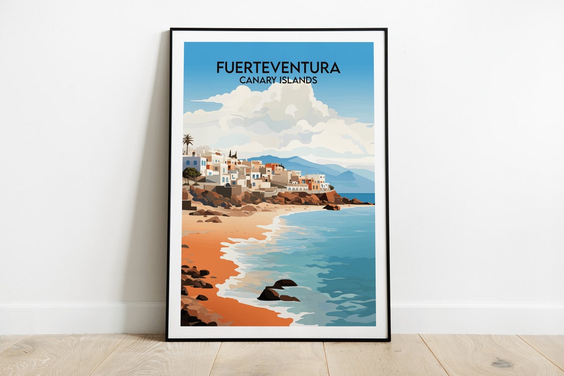 Fuerteventura Canary Islands White Town Orange Beach Coast Poster