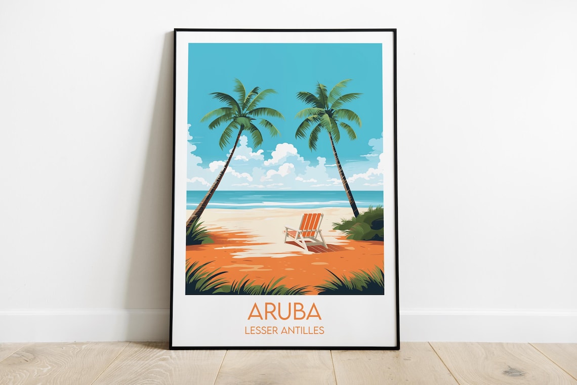 Aruba Lesser Antilles Beach Palms Vintage Style Travel Poster